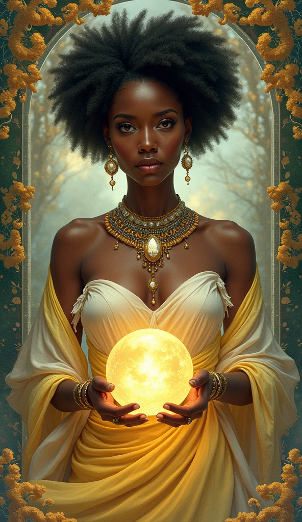 A tarot card HD a African women 50 years old woman with. and jurli and taj.a dress color white and yellow and jurli and crystal ball ..
