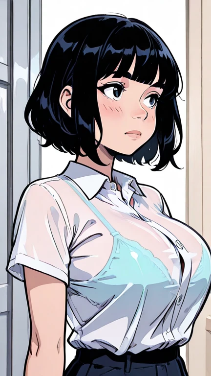 (masterpiece, best quality), intricate details, 1girl, komi shuuko, white shirt, love hotel, seductive smile, cleavage, sweaty, lactation, milk come out from nipple