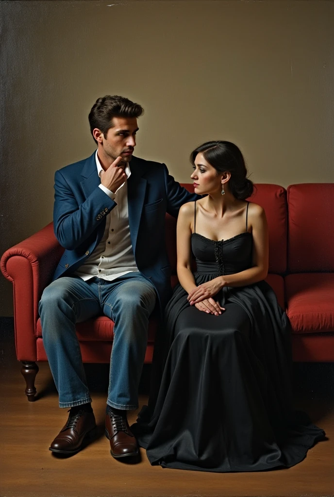 A semi dark themed mannerism age painting of man sitting on a one man sofa, wearing a blues Jean jacket and a blue jeans trouser With he's legs open and he looks at the right as he places one hand on he's chin while a lady seats on the floor with a black gown at the middle of he's legs looking at the left sad