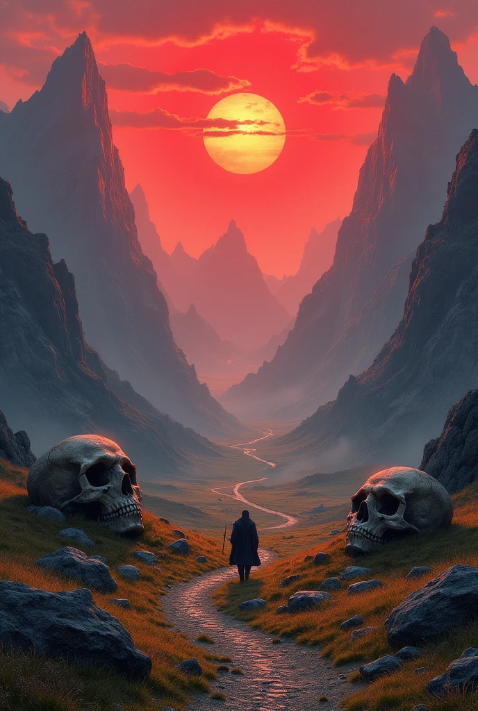 1920 x 1080 image that will depict a world where the remains of dead gods lie in the middle of mountains and fields, giant skulls reaching the size of mountains, and many roads lead in different directions along the valley. And above the high mountains there is a scarlet crimson sunset. In the distance there is a mysterious figure of a wanderer. All this is in the style of fantasy, fantasy, the early Middle Ages.