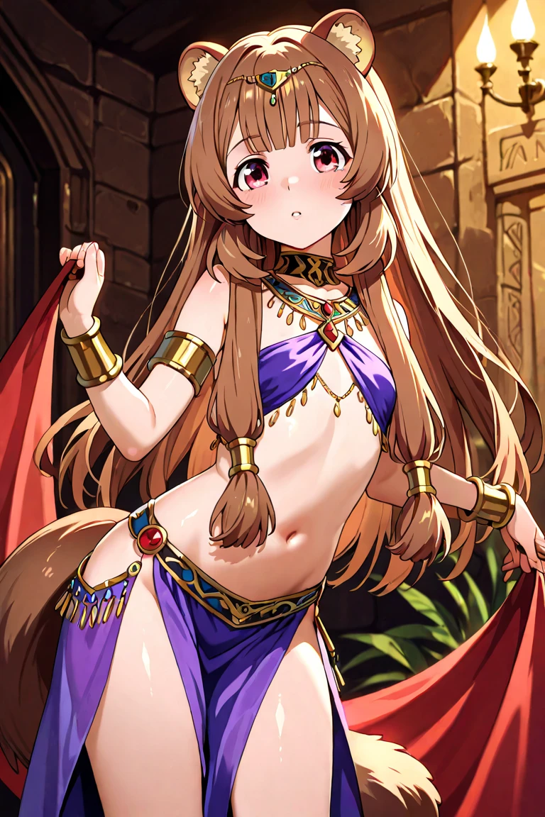 Score_9, score_8_up, score_7_up, score_6_up, source_anime, 1girl, silence suzuka \(umamusume\), multicolored hair, orange hair, streaked hair, white hairband, green eyes, horse tail, shiny skin, slutty_clothes, gyaru, dark-skinned female, metallic tan, makeup, pink eyeshadows, pink lips, jewelry, golden slingshot swimsuit, miniskirt, golden glitter skirt, hadegalchainbelt, o-rings, chain-belt, fur shawl, areolae slip, smug face, flat chest, dark areolae