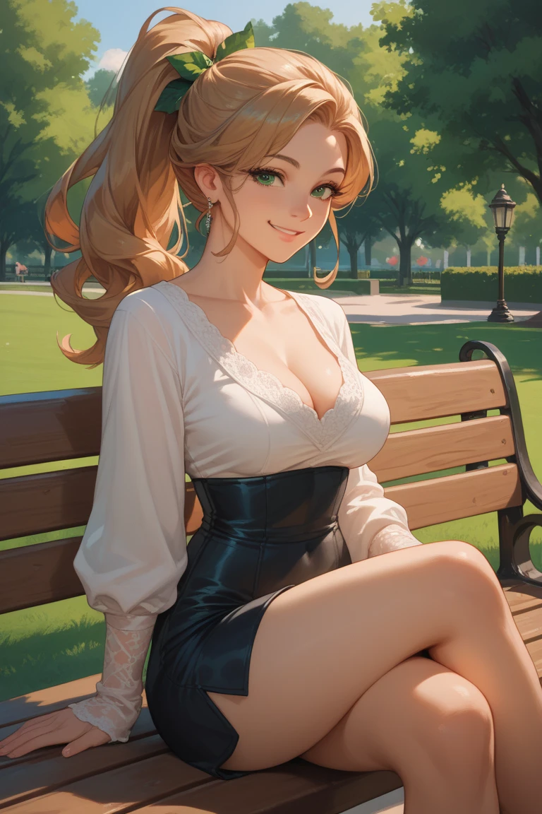 Beautiful French girl 18 years old, in expensive clothes, hair in a ponytail, green eyes, sit on bench at park at the evening, warm smile. 