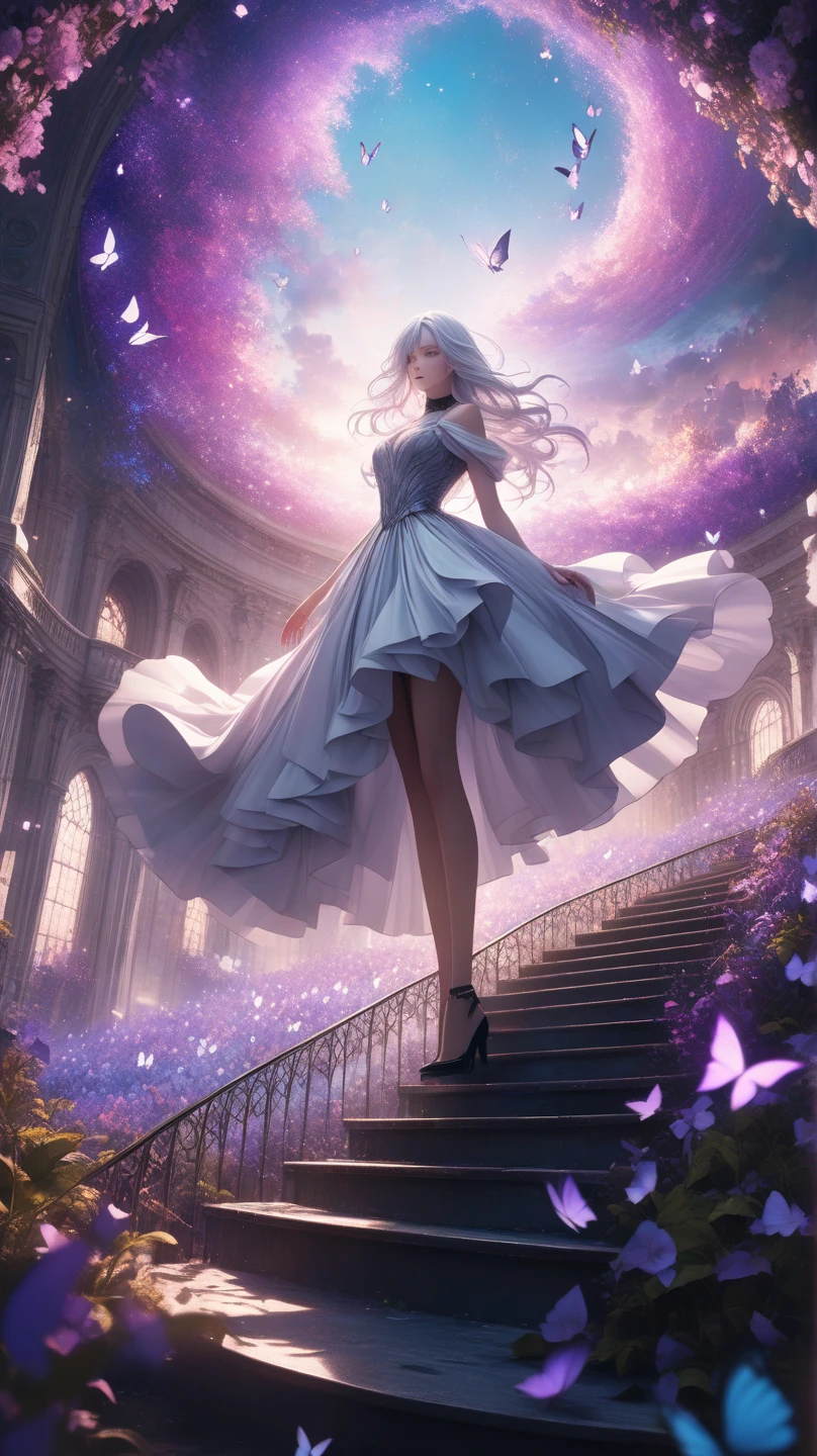 ((Masterpiece, best quality, highest resolution, high resolution, photorealistic, raw photo, extremely detailed CG integrated 8k wallpaper))
"A breathtakingly beautiful anime-style woman with flowing silver hair and violet eyes, standing on a floating staircase that spirals into a surreal dreamscape. The camera angle is low and dynamic, creating a dramatic upward perspective. Her elegant dress billows in the wind, glowing softly with magical patterns. The background is a fantastical sky filled with floating islands, giant luminous flowers, and glowing butterflies. High contrast lighting, vibrant colors, cinematic composition, Instagram-worthy, trending anime aesthetic."