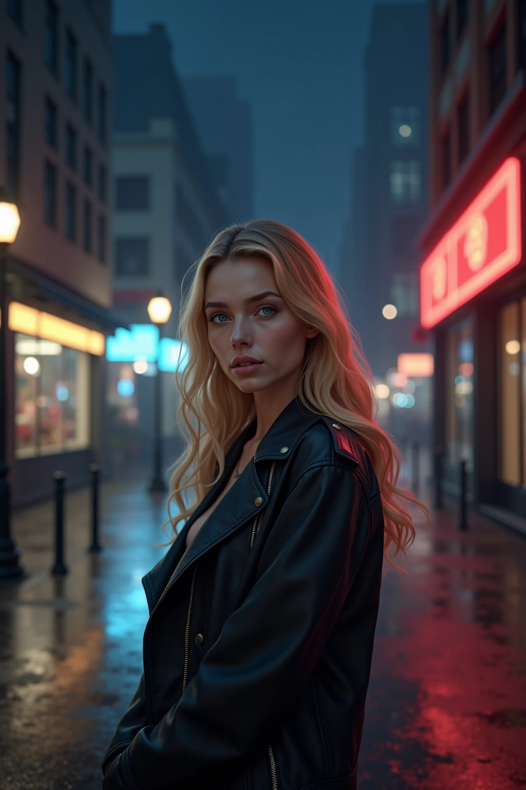 full body of a blonde woman with blue eyes, standing on a quiet city street at night, wearing a light blue denim jacket and black skinny jeans with casual sneakers, ultra realistic skin texture and detailed facial features, clearly visible environment with sharp details, buildings, street lamps, and sidewalk fully in focus, neon lights reflecting on dry pavement, crisp shadows and defined lighting, vibrant and realistic color tones, natural posture, 8k resolution, high clarity, masterpiece
