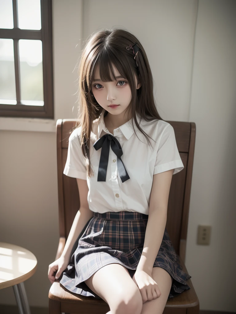 (masutepiece, Best Quality:1.2), 8K, 15yo student, 85 mm, Official art, Raw photo, absurderes, White dress shirts, Pretty Face, close up, Upper body, violaceaess, gardeniass, Beautiful Girl, School uniform, (Navy pleated skirt:1.1), Cinch West, thighs thighs thighs thighs, Short sleeve, on train, Sit on a bench seat, Looking at Viewer, No makeup, (Smile:0.4), Film grain, chromatic abberation, Sharp Focus, face lights, clear lighting, Teen, Detailed face, Bokeh background, (dark red necktie:1.1)、(((spread legs)))