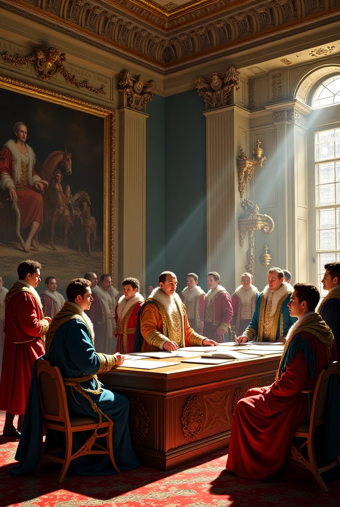 Philip V of Spain inside an elegant office with French decoration. There are several officials writing or reading documents with royal seals. On one wall there is a portrait of Louis XIV, and on the front a map where the mayors are marked with lines.

 18th century