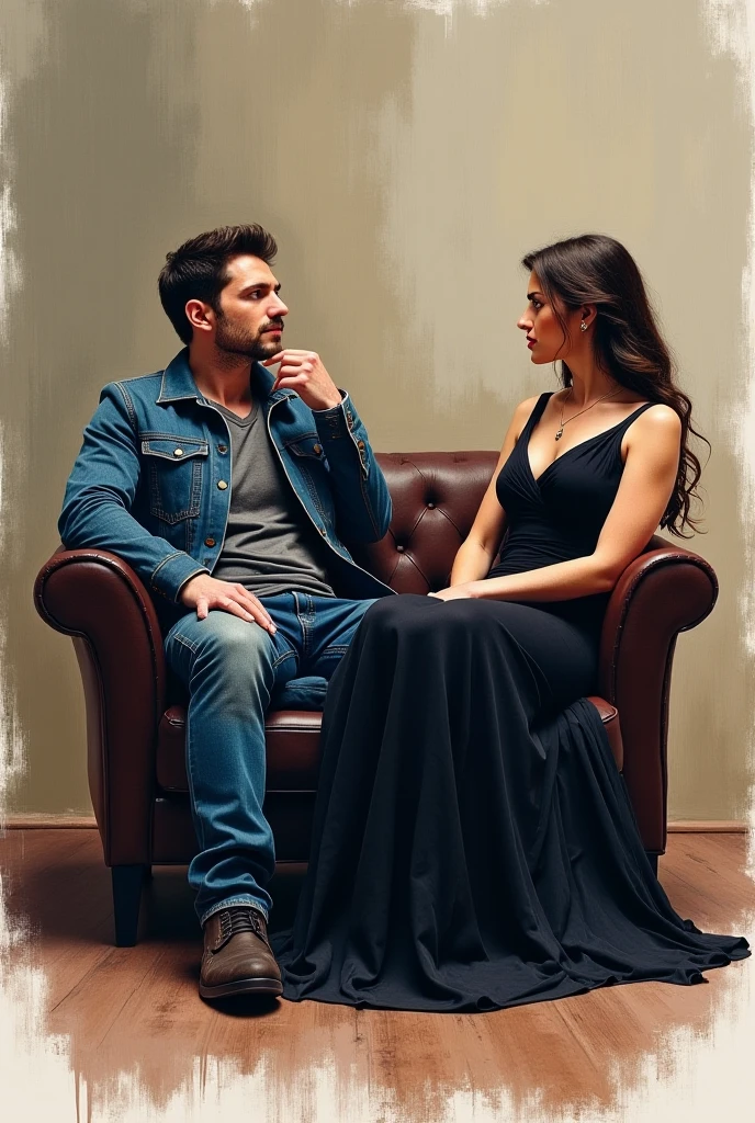 A semi dark themed mannerism age painting of man sitting on a one man sofa, wearing a blues Jean jacket and a blue jeans trouser With he's legs open and he looks at the right as he places one hand on he's chin while a lady seats on the floor with a black gown at the middle of he's legs looking at the left sad