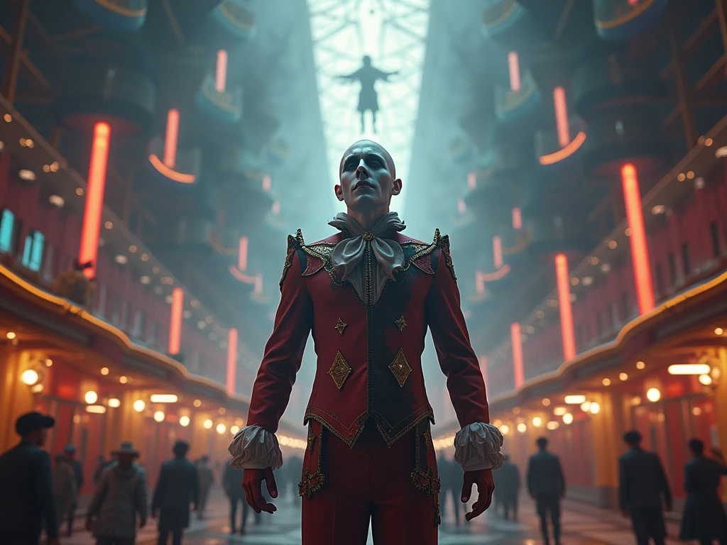 a harlequin looking straight ahead as his soul goes up to the sky, In the background a futuristic circus