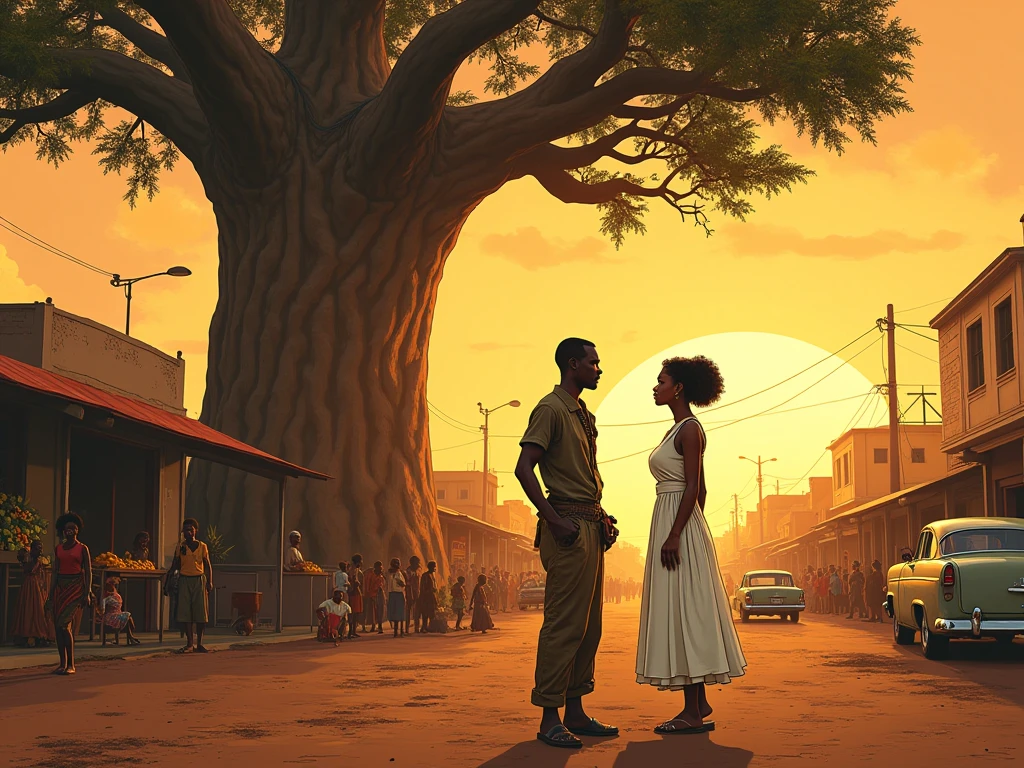 Realistic illustration in the style of a dramatic movie poster. The two characters in the center are Kofi, a homeless African man with a weathered face, wearing tattered clothes, and Amara, an elegant young woman in a white dress and expensive accessories. They stand under a sprawling baobab tree against a sunset backdrop with golden rays illuminating the dusty streets of the African city. Around them is a busy market: ren playing in the dirt, vendors with fruit, old cars in traffic.