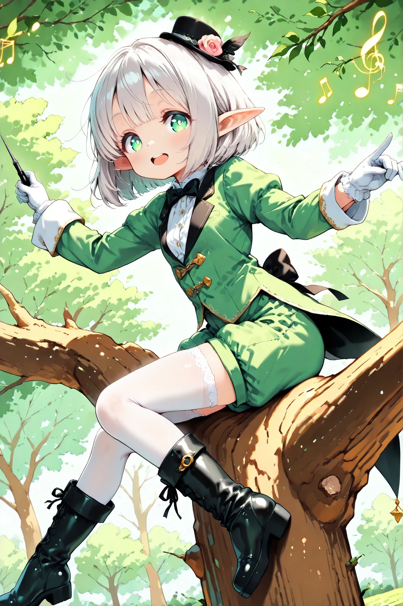 ((deep forest, trees, world tree, on the tree, trees grow:1.2)), (directing the music, sparkling notes, multiple notes, swirling notes), dutch angle, from side, (solo, 1girl, elf, silver hair, bob cut, light green eyes, pointed ears), (((, thin, petite, short))), (minihat, tailcoat, green tuxedo, green shorts, bow tie, white gloves, gothic boots, white stockings), conductor pose, raised hands, fluid motion, sweeping arm movement, conductor's baton, conducting gesture, graceful finger arc, sit, cute face, (((white pupils))), tareme, big eyes, half closed eyes, eyelashes, lower eyelashes, smile, open mouth