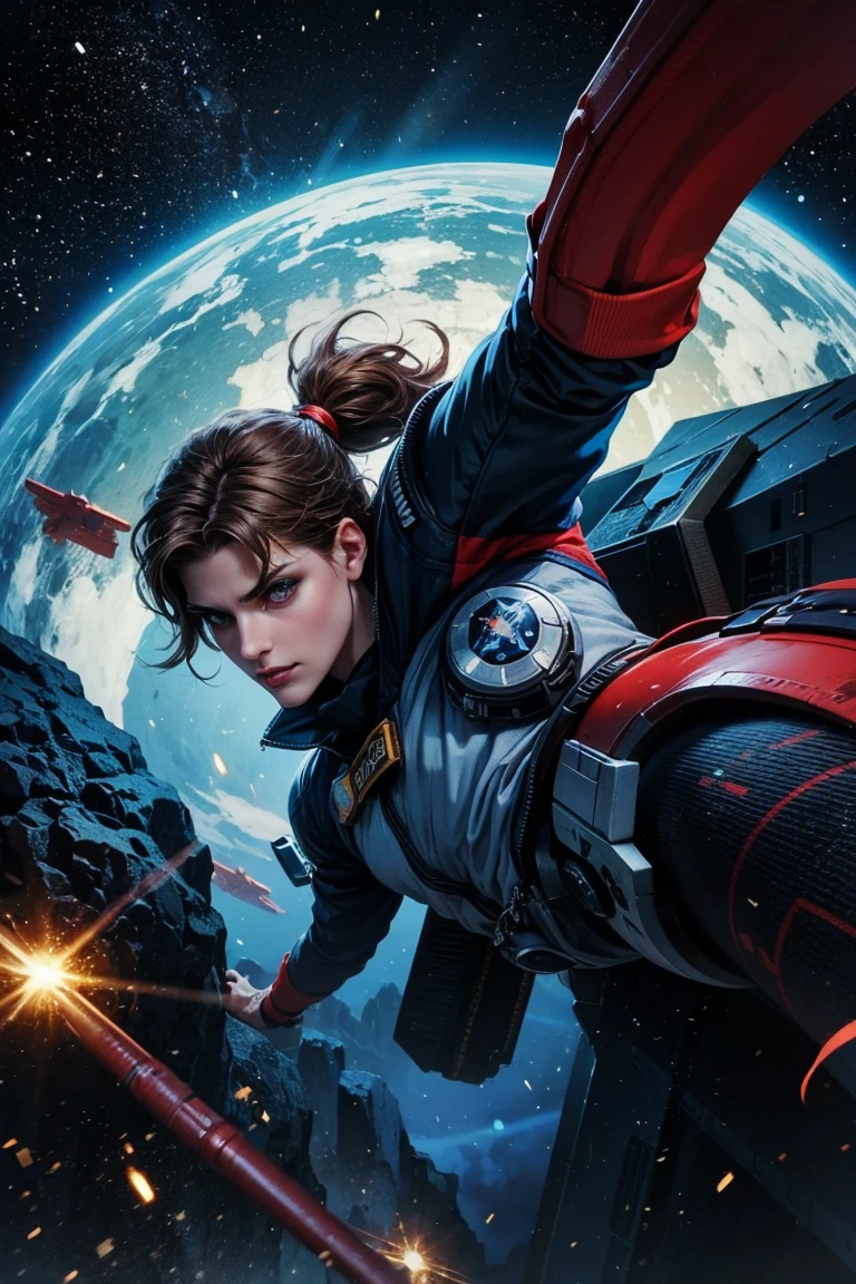 He's a starfighter pilot, he's fighting an enemy fighter in the asteroid belt 