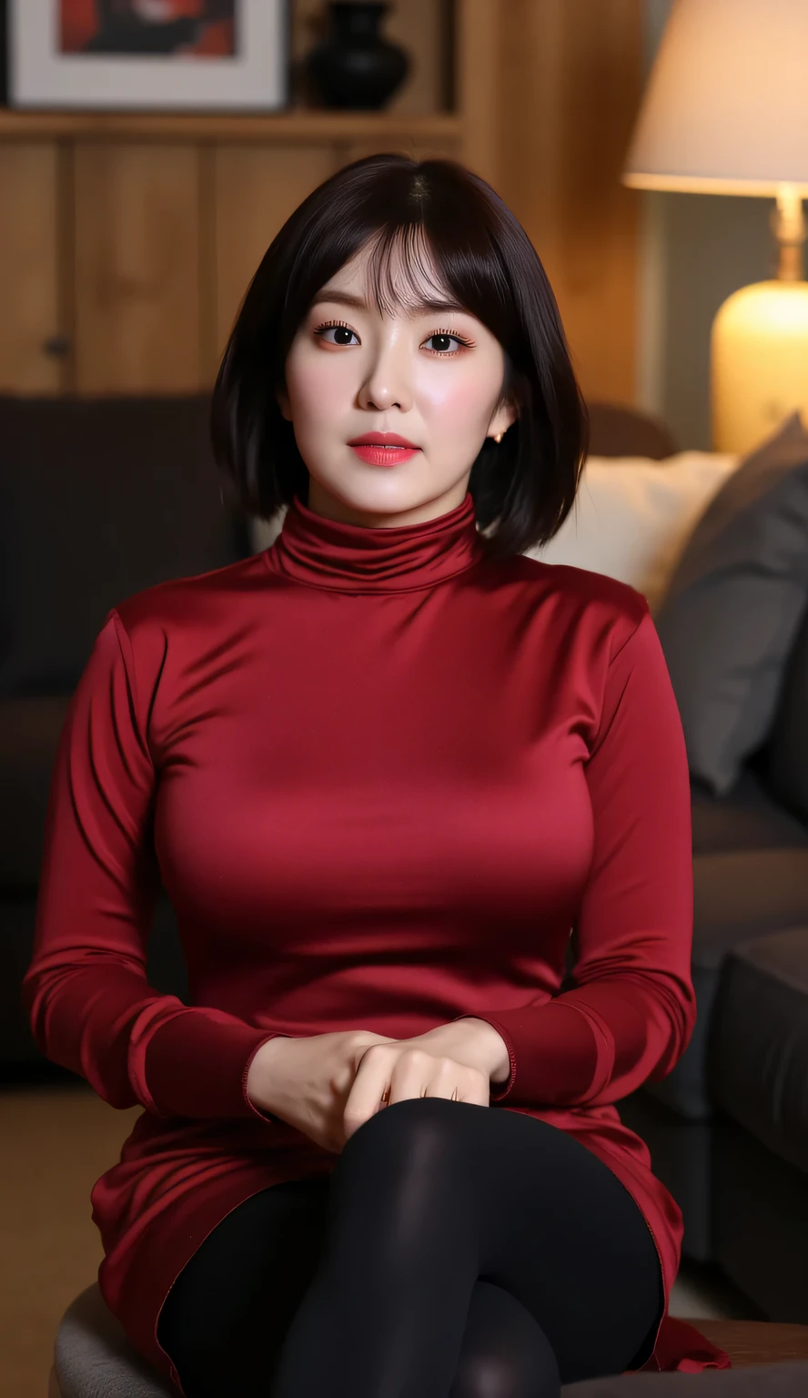 a woman, sitting upright in the living room, body facing front, Eyes looking at the camera, wear long sleeve muslim shirt in red satin material, long leggings black, big size G-cup, hair model bob black, face seductive expression, slim waist