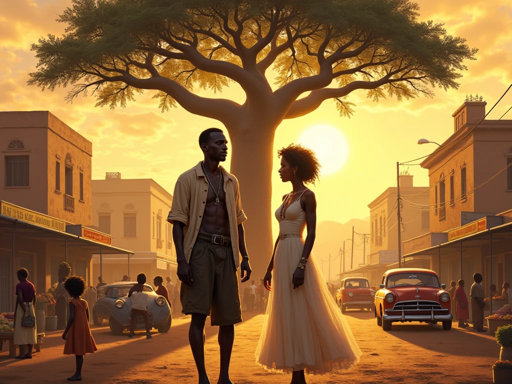 Realistic style. The two characters in the center are Kofi, a homeless African man with a weathered face, wearing tattered clothes, and Amara, an elegant young woman in a white dress and expensive accessories. They stand under a sprawling baobab tree against a sunset backdrop with golden rays illuminating the dusty streets of the African city. Around them is a busy market: ren playing in the dirt, vendors with fruit, old cars in traffic.