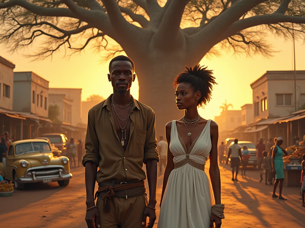 Realistic style. The two characters in the center are Kofi, a homeless African man with a weathered face, wearing tattered clothes, and Amara, an elegant young woman in a white dress and expensive accessories. They stand under a sprawling baobab tree against a sunset backdrop with golden rays illuminating the dusty streets of the African city. Around them is a busy market: ren playing in the dirt, vendors with fruit, old cars in traffic.