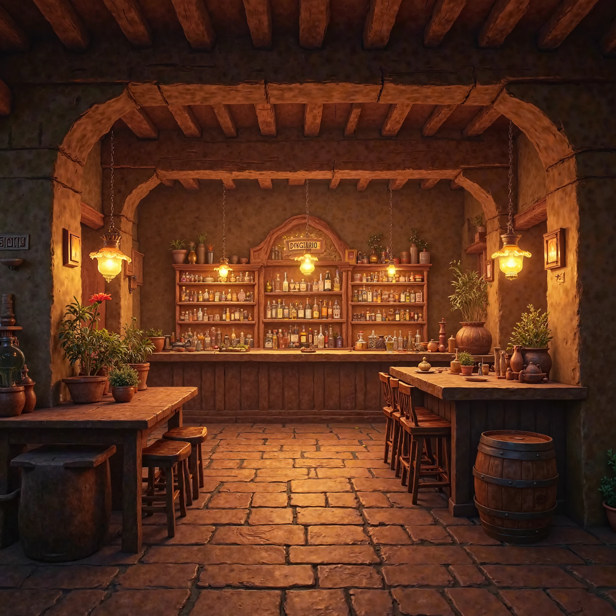 a large and spacious tavern, panoramic view from the front, with a bar, a table and chairs, a barrel in front of the counter, orange-brown color tone, warm colors, high quality image, 8k, cinematic