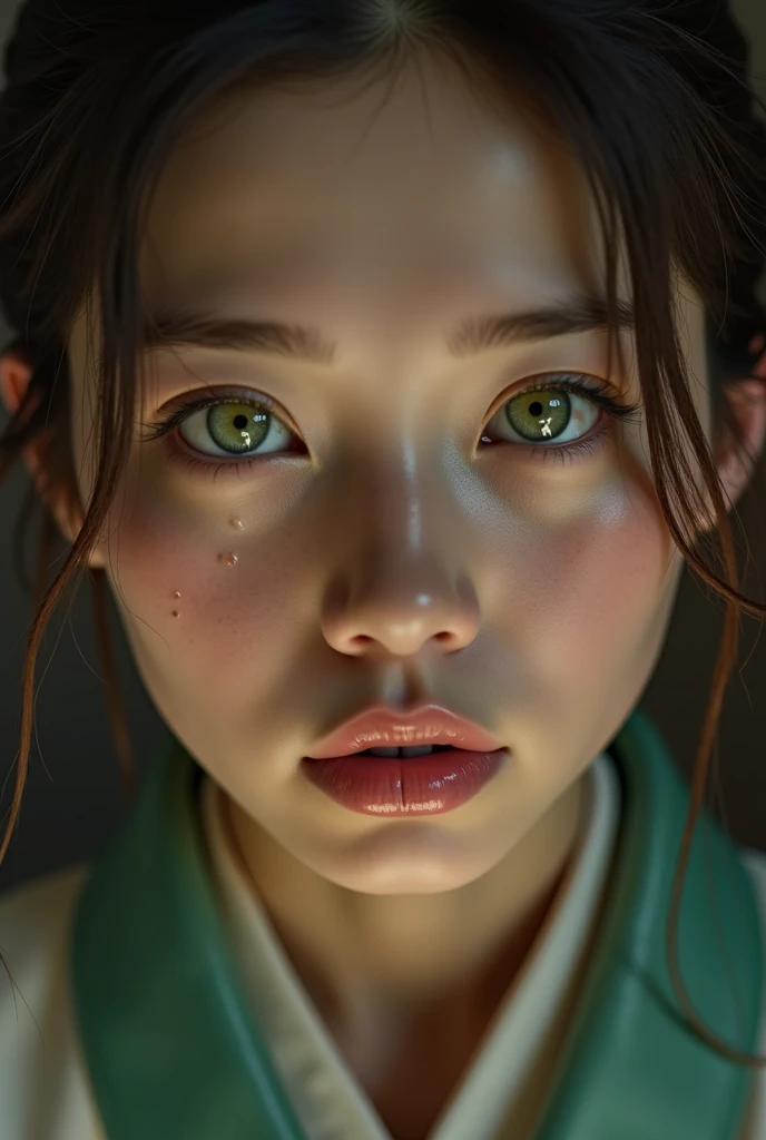 A face of a beautiful woman with tears in her eyes, vibes, HD, 4k, portrait, emotional expression, soft leather kimono, Delicate Factions, big eyes , lights color green, bright tears streaming down his face, dramatic lighting, emotional atmosphere , oil painting, warm color palette, Realistic tones, fine details, matte finish, studio quality