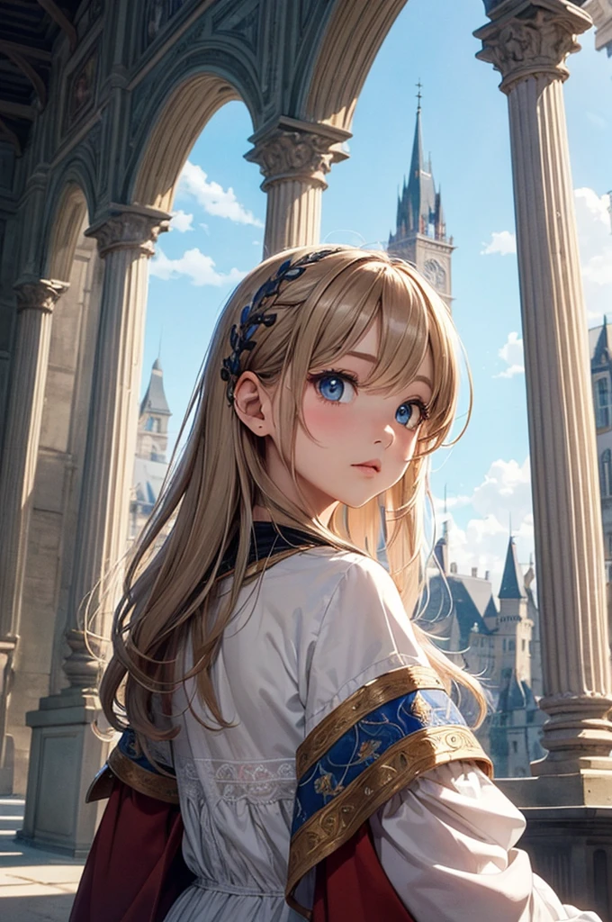 ((masterpiece)), ((best quality)), (ultra-detailed), ((kawaii)), cute, ((extremely detailed)), 4K, (8K), best quality, (beautiful), illustration, upper body, spread arms:1.2, a pretty woman, solo, the legendary wizard, wizard costume, castle, romanesque architecture, evening, beautiful gray hair, (beautiful hair), beautiful deep blue eyes, ((beautiful eyes)), ((light brown-skinned)), cool,