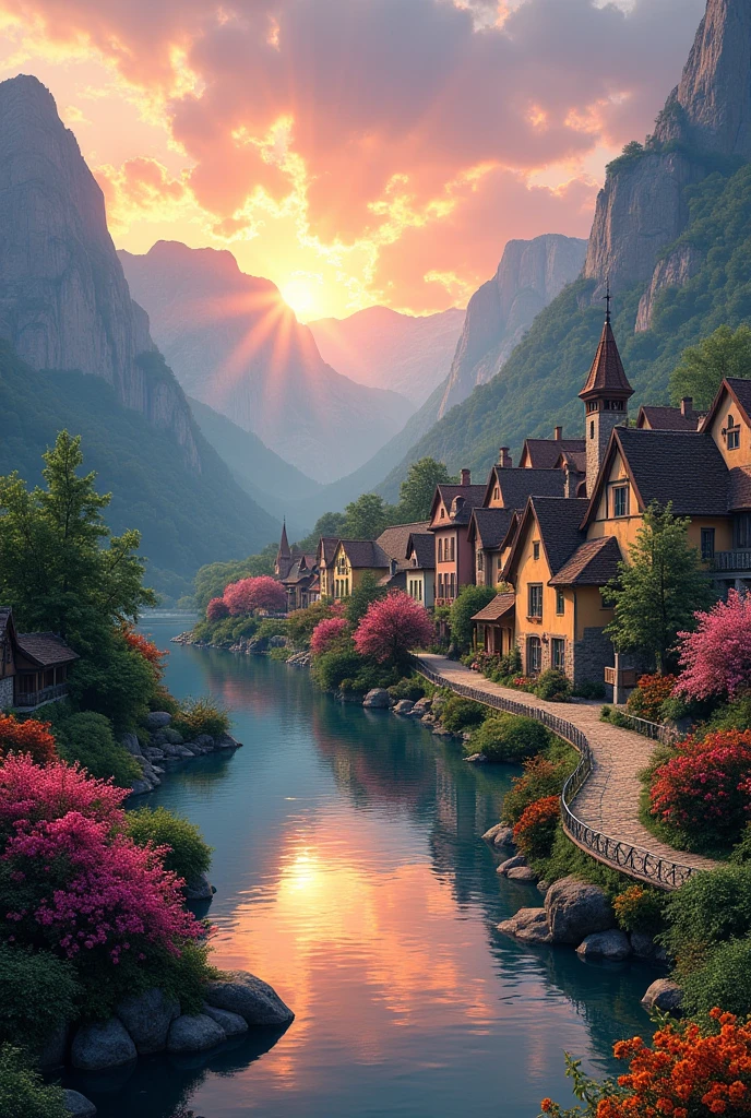A small town by the river, mountains in the background, colorful floral flowers, detailed landscape, beautiful natural landscapes, atmospheric lighting, scorching sunset, warm colors, practical, photographic, detailed foliage, complex buildings, cobblestone street, charming country house, vibrant colors, lush vegetation, reflections in the water,  picturesque, idyllic, artwork, best quality, 8K, extremely detailed, anime style