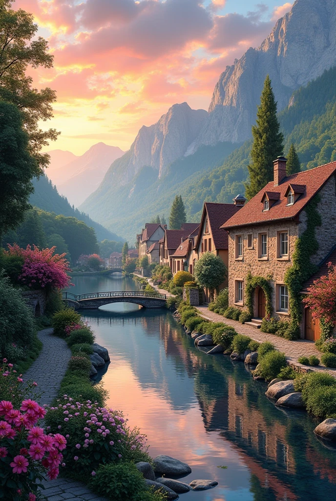 A small town by the river, mountains in the background, colorful floral flowers, detailed landscape, beautiful natural landscapes, atmospheric lighting, scorching sunset, warm colors, practical, photographic, detailed foliage, complex buildings, cobblestone street, charming country house, vibrant colors, lush vegetation, reflections in the water,  picturesque, idyllic, artwork, best quality, 8K, extremely detailed, anime style