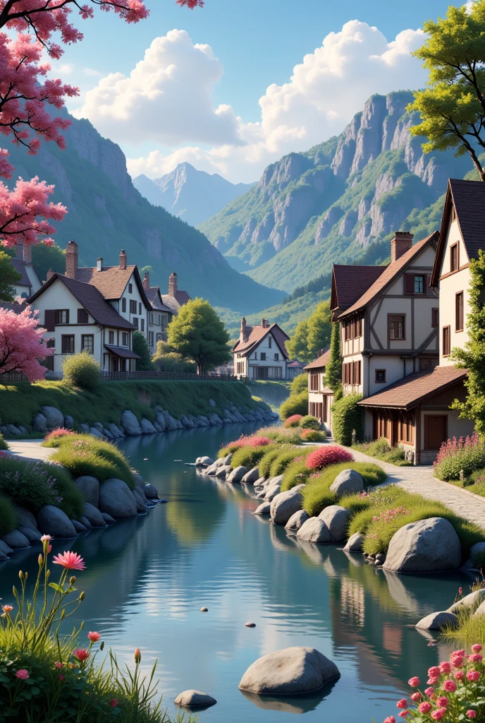 A small village by the river, mountains in the background, colorful flowers, detailed landscape style, beautiful natural scenery, atmospheric lighting,  scorching sunset ,  warm colors, practical, photographic, detailed foliage, complex buildings , cobblestone street, charming country house, vibrant colors, lush vegetation, reflections in the water, pitoresco, idyllic, work of art, Best Quality, 8k, extremely detailed, anime style