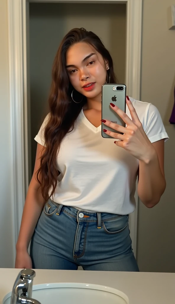 woman with black hair. Mince. tee shirt blanc. with orange pants. She takes photos behind the mirror, her head is hidden by her iPhone