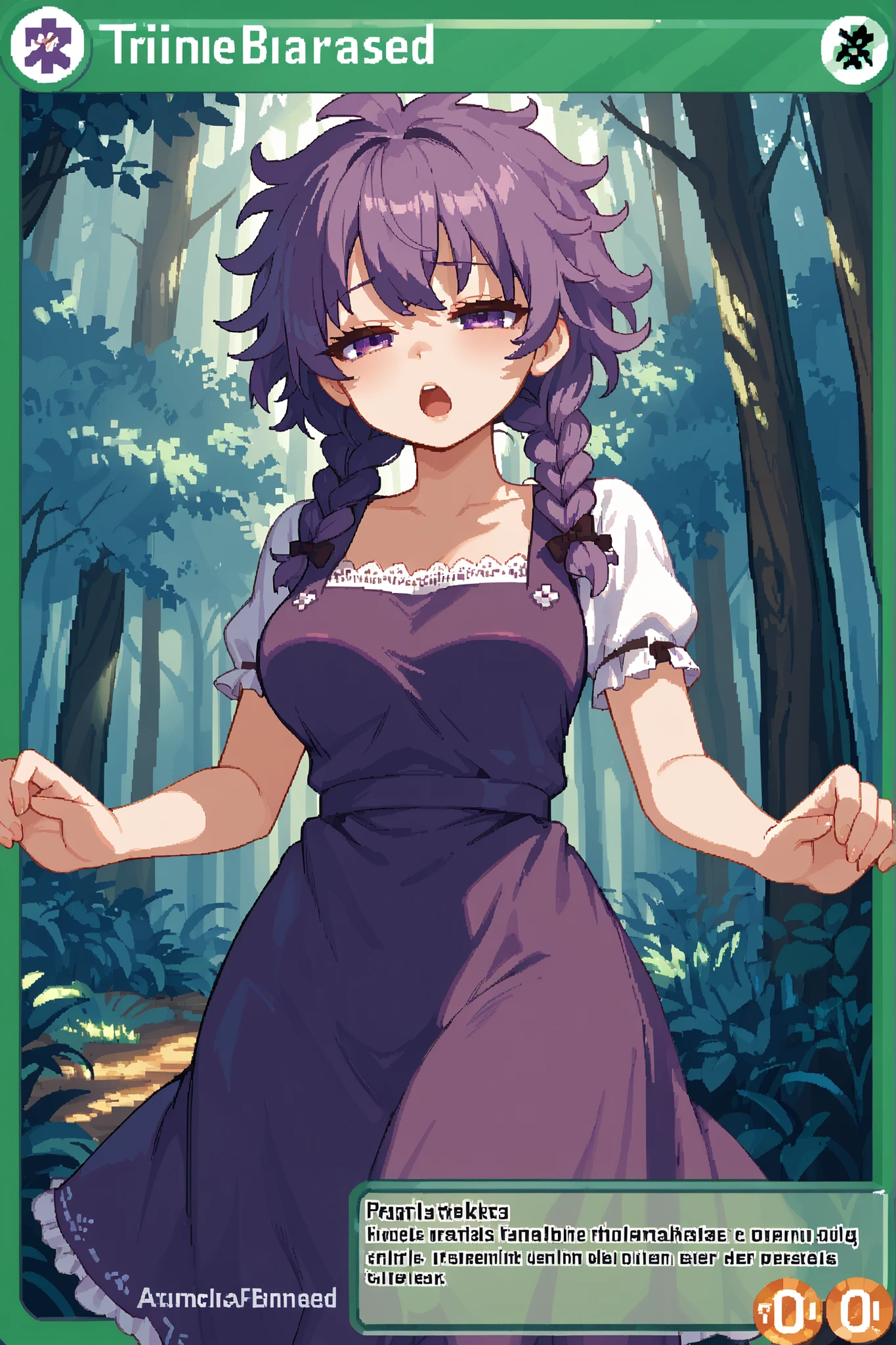 score_9, score_8_up, score_7_up, source_anime, solo, pixel art, tr4dingcard, card (medium), english_text, N, trading_card, white_trade_card_frames, 1girl, sleepy girl BREAK
Large breasts, twin_braids, messy hair, purple hair, half closed eyes, purple eyes BREAK
Renaissance, purple dress, dirndl, pinafore dress BREAK
Standing, looking at viewer, sleepy eyes, open mouth, outdoors, (pinewood forest), trees, daytime BREAK