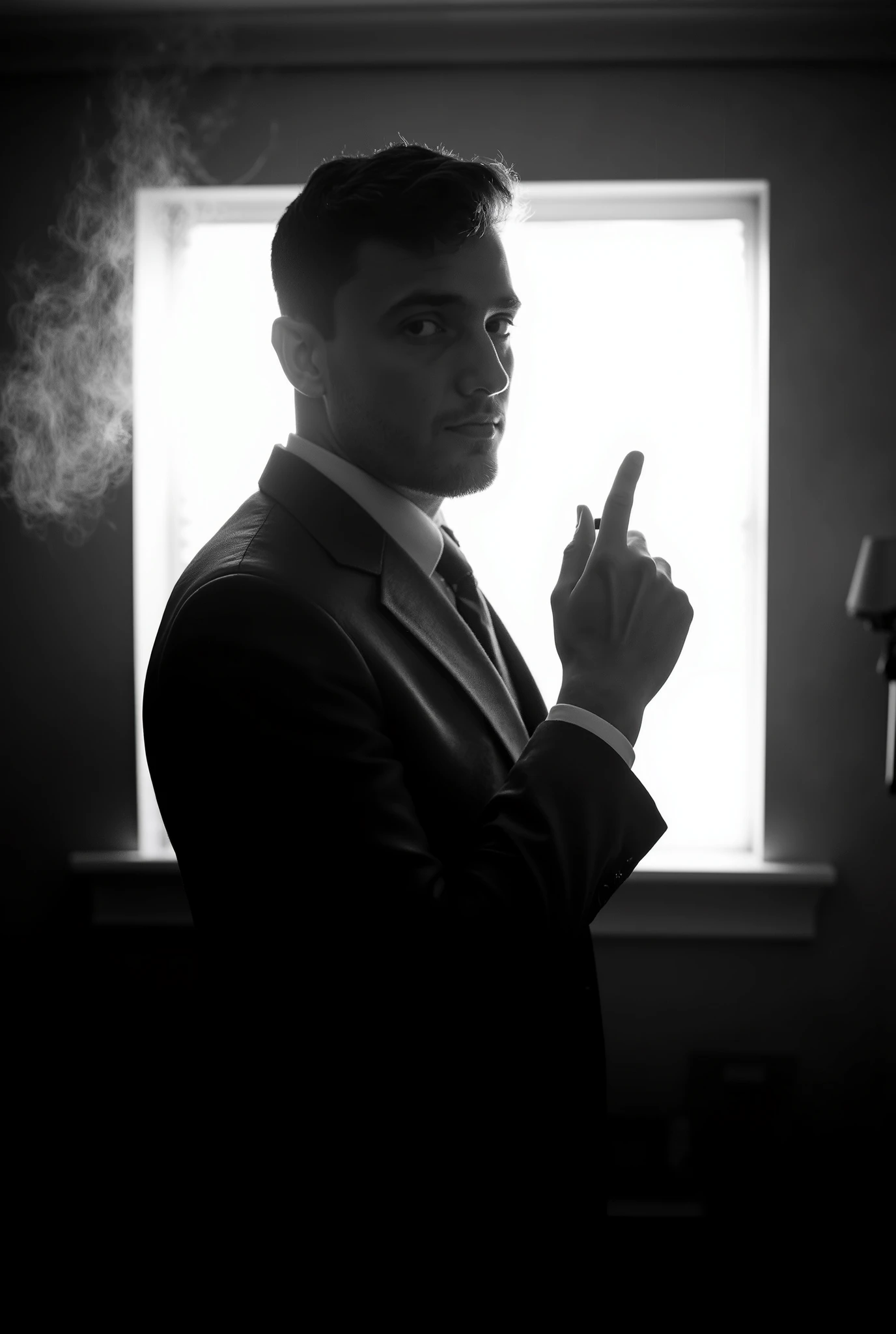 A high-contrast black-and-white cinematic portrait of a man in a 1940s suit, dramatically backlit by a bright window directly behind him. The intense light source creates a soft glowing halo around the edges of his head and shoulders, casting his facial features into partial shadow while highlighting smoke curling up from the cigarette in his hand. The camera captures him from the front, but the dominant illumination clearly comes from behind, creating a striking silhouette effect with luminous back edges. The atmosphere is moody and introspective, evoking vintage film noir style with crisp details and atmospheric depth.