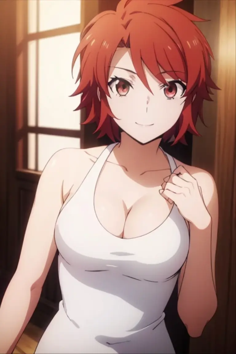 ((best quality)), ((highly detailed)), masterpiece, absurdres, detailed face, beautiful face, (detailed eyes, deep eyes),1girl, ((dynamic pose)), Izumi, closed eyes, open mouth, smile, solo, hair ornament, short hair, orange hair, breasts, x hair ornament, upper body, indoors, arms up, bangs, large breasts, teeth, facing viewer, collarbone, hairclip, hair between eyes, blush, upper teeth only, blurry, medium breasts, naked, completely naked, bare, no clothes, pink nipples.
