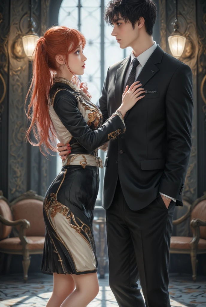 Handsome man and woman, long auburn haired woman wearing a hotel cleaning staff uniform, handsome  man in business suit, they're standing apart in the lobby of the hotel looking at each other background, masterpiece, detailed anime illustration, vector, anime style