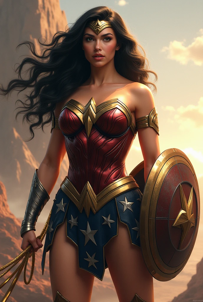 Create a drawing of Wonder Woman holding her shield