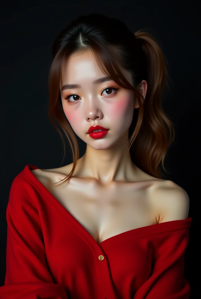 ((best quality, 8K, masterpiece :1.3)), 22 year old girl, very detailed, head facing camera, (ponytail hairstyles)), ((flat facial expression)), (( wearing red oversize sweater, off-shoulders)), (( elegant makeup)), very detailed, realistic, sharp features, very detailed, sharp focus, perfect face, perfect symmetry, perfect eyes, perfect lips, nice anatomy, flexible female body shape, sexy face, big breasts, open cleavage, ((cinematic, film light)), very detailed, hyperrealistic, masterpiece, atmospheric, high resolution, dynamic studio lighting, ((dark background)), studio, looking at the viewer's atmospheric perspective, volumetric lighting, clear focus, (realistic, Hyperrealistic: 1.37), 16k HD, information, ((full shot)).