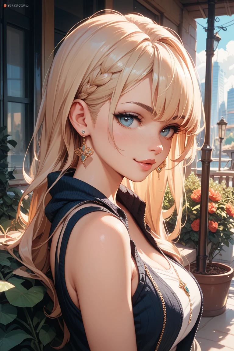 masterpiece、highest quality、High resolution、high quality images、8K, 1 female、skin luster、Texture of skin and clothing、Expression of fine eyes、Shiny light golden hair,Girl with long braided hair, Manga inspired by Lee Jong-suk, trending on deviantart, realism, detailed manga style, manga art style, perfect line drawing, beautiful line drawing, digital manga art girl, K-POPアイドル, beautiful blue eyes, plump lips, detailed gorgeous face, (cute smile), charm, innocent, Side view, (perfectly detailed face), (fine hands) photorealistic images, Depth of written boundary, ponytail hairstyle, Corolla on the head , loose and light knitwear、shoulder knit , show your shoulders , I can see the cleavage , autumn leaves , autumn leaves ,美しいautumn leaves,romanticism,