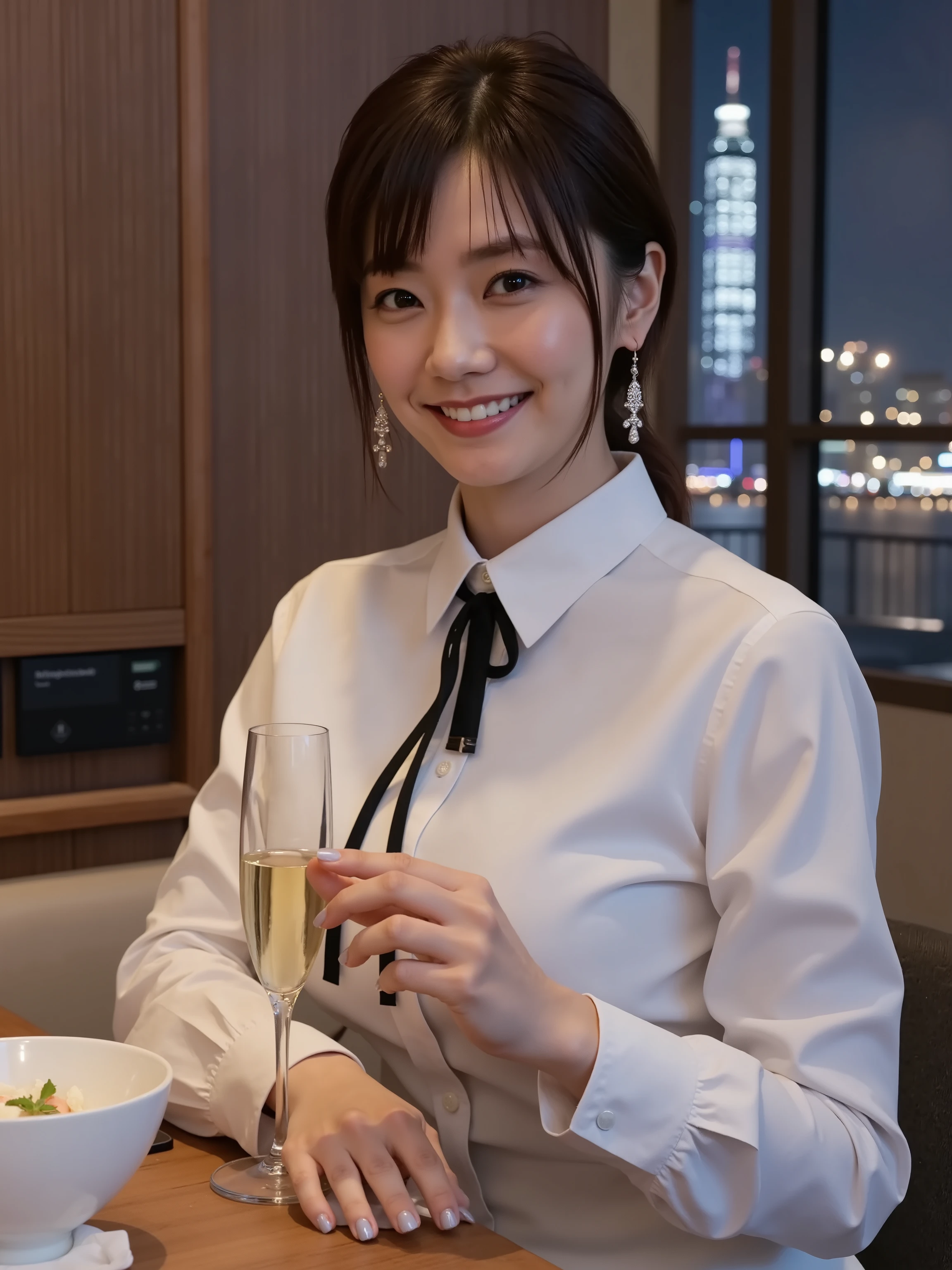 (8k, top quality, Genuine, Ultra High Resolution :1.5),beautiful Japanese woman, ((cute smile)),18 years old,(up hair), (collared sleeveless shirt)ribbon narrow tie,skirt、Dangling Earrings、 Close-up shot of the side, full body closeup shot、I'm sitting at a bar counter with a night view of a skyscraper、A stylish salad is placed and they are drinking with one champagne in their hands