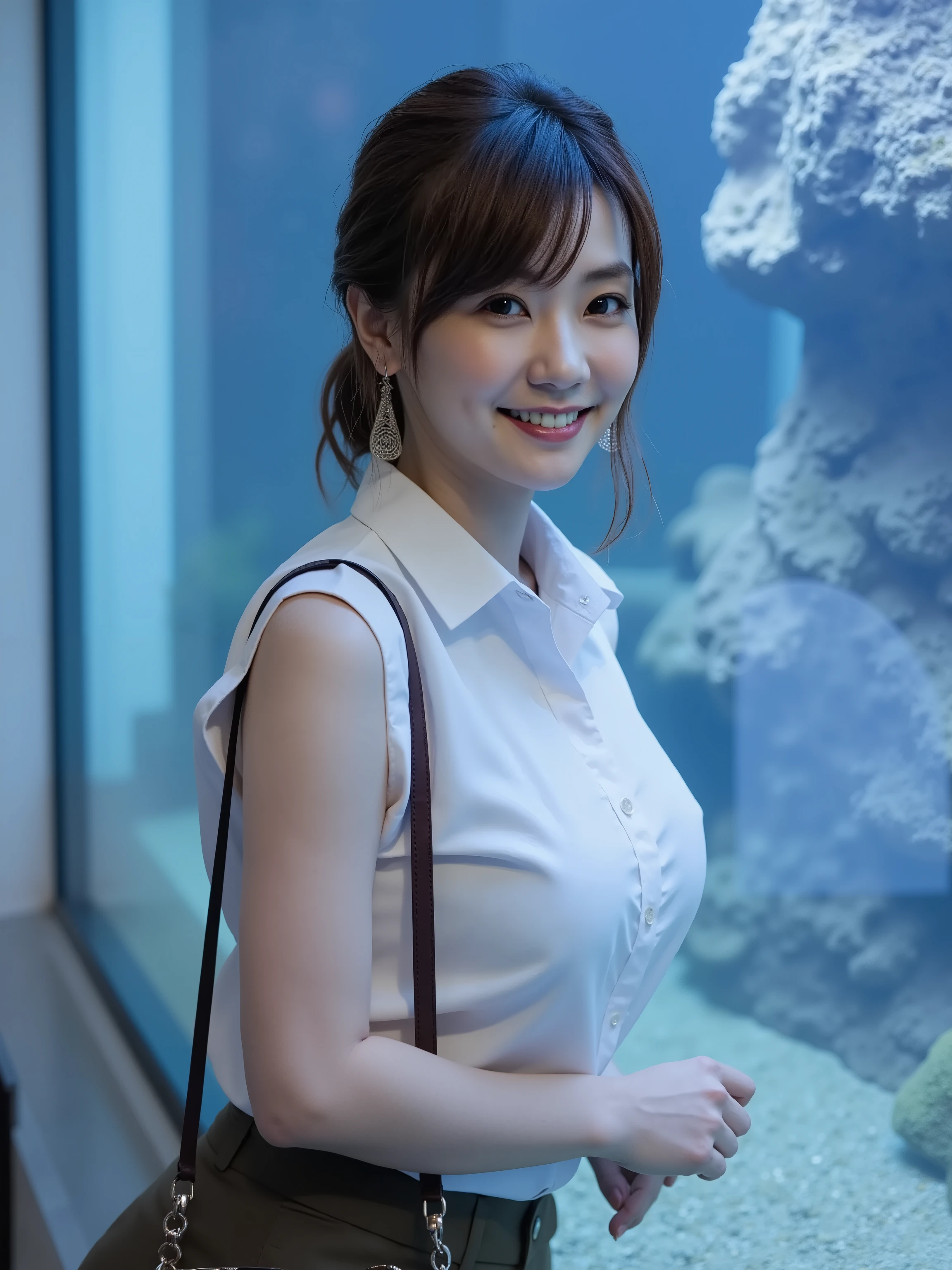 (8k, top quality, Genuine, Ultra High Resolution :1.5),beautiful Japanese woman, ((cute smile)),18 years old,(up hair), (collared sleeveless shirt),skirt、Dangling Earrings、 Close-up shot of the side, full body closeup shot、The entire wall of the aquarium at night is in front of the fish tank、shoulder bag