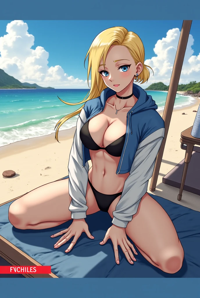 Uma garota sexy, de cabelo LOIRO, She's at the beach, and is wearing an open BLACK jacket over a WHITE bikini
