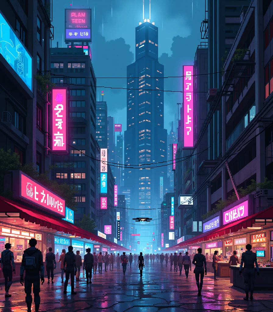 A sprawling cyberpunk cityscape rendered in highly detailed pixel art. Neon signs in vibrant blues, pinks, and purples illuminate the narrow, rain-soaked streets. Towering skyscrapers with holographic billboards dominate the skyline, their lights reflecting in puddles on cracked sidewalks. Small street vendors in futuristic stalls line the alleyways, selling exotic tech and glowing street food. Crowds of diverse, cyber-enhanced citizens bustle through the scene, some with robotic limbs or neon tattoos. Hover cars zoom by overhead between towering buildings connected by suspended bridges. In the distance, a massive, monolithic corporate tower looms under a dark, smog-filled sky, its peak lost in the clouds. Vines of electrical cables twist and hang between the structures, and the entire atmosphere hums with the low buzz of technology and distant thunder. The art style is rich, intricate pixel art, evoking the gritty, vibrant feeling of classic cyberpunk dystopias.