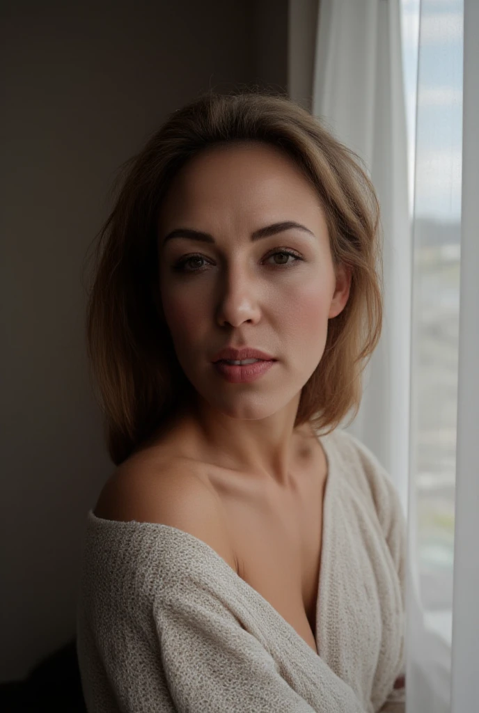 arafed woman with breast and wearing panties, sexy girl with brown eyes, brown hair and large eyes, selfie of a young woman, bedroom eyes, violet myers, without makeup, natural makeup, looking directly at the camera, face with artgram, subtle makeup, stunning full body shot, in a living room, cleavage, natural skin features , sharp features