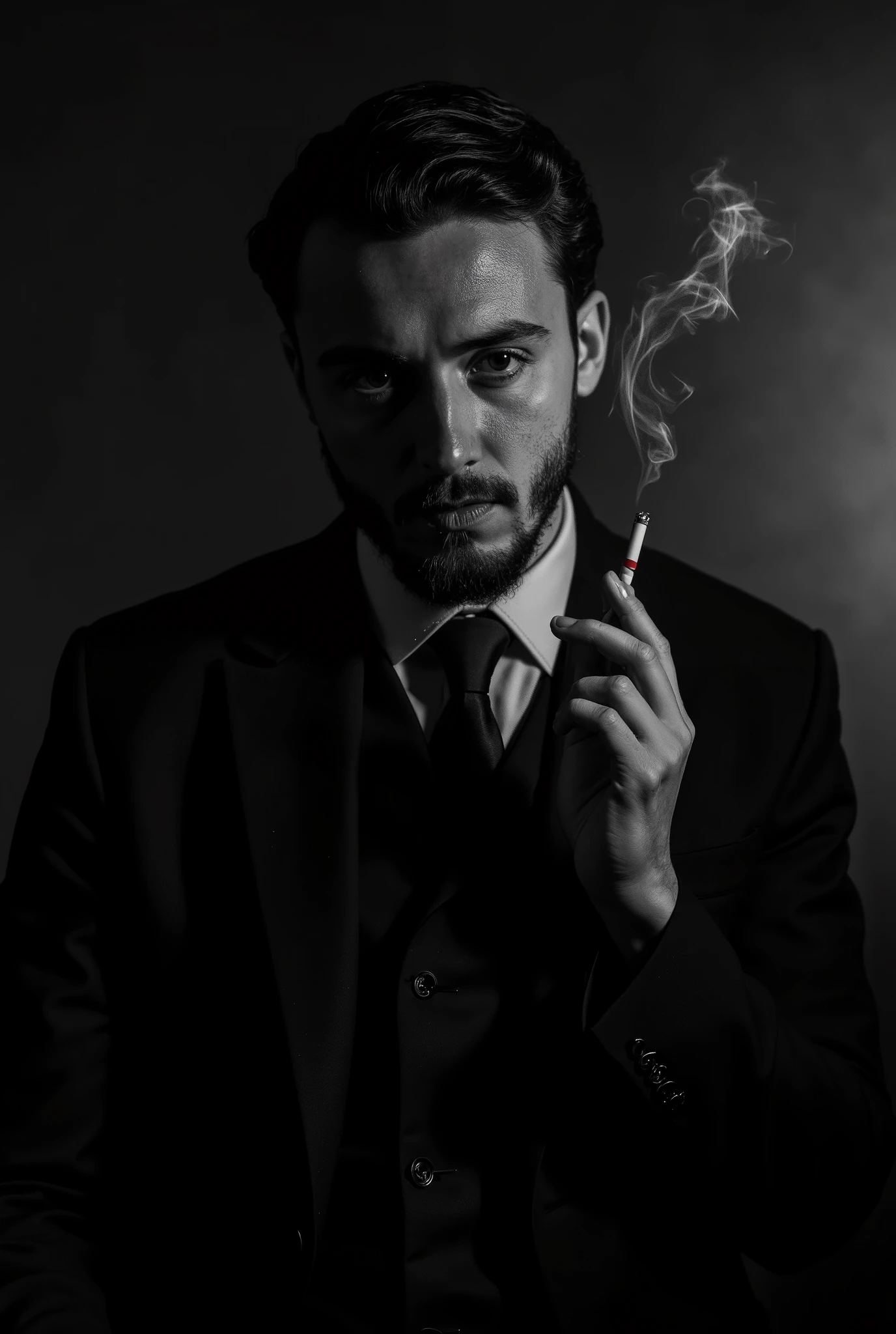 A moody black-and-white portrait of a sharply dressed man in a 1940s-style suit, holding a cigarette delicately between his fingers. Wisps of smoke rise directly from the lit tip of the cigarette, curling naturally around his hand and drifting upward in soft tendrils. The background is softly blurred, putting all focus on the man’s intense, contemplative expression. The lighting is subtle and directional, casting strong shadows that emphasize his cheekbones and jawline while capturing the luminous texture of the cigarette smoke as it coils and disperses.