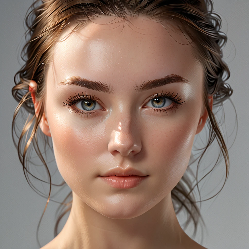Ultra-realistic portrait of a beautiful young  woman with a cute and softly glowing face, full cheeks, smooth fair skin, defined V-shaped face with a gently rounded chin, naturally arched eyebrows, her eyes gently closed, thick lashes visible, a small straight nose, and soft, thin lips with a natural sheen. Her face is perfectly symmetrical with a subtle jawline, elegant features, and a serious, confident expression. Her hair is deep brown, tied loosely in the back with a few strands falling softly around her face. Soft cinematic lighting highlights her natural beauty and smooth skin texture. Inspired by the visual aesthetics of Pascal Blanche, Greg Rutkowski, and Ilya Repin — blending photorealism with a subtly stylized, emotional and ethereal quality. Clean background, full facial clarity, high detail, sharp features, portrait centered.