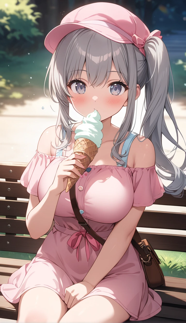 <lora:elbe_v1.0:0.8>, long_hair, silver_hair, purple eyes,two side up, jewelry, pencil_skirt, black_legwear, off_shoulder, sweater,indoors, sitting, from above,smile,garter_straps,bra,holding ice cream,bench ,eating, open mouth,, masterpiece, best quality, high contrast,