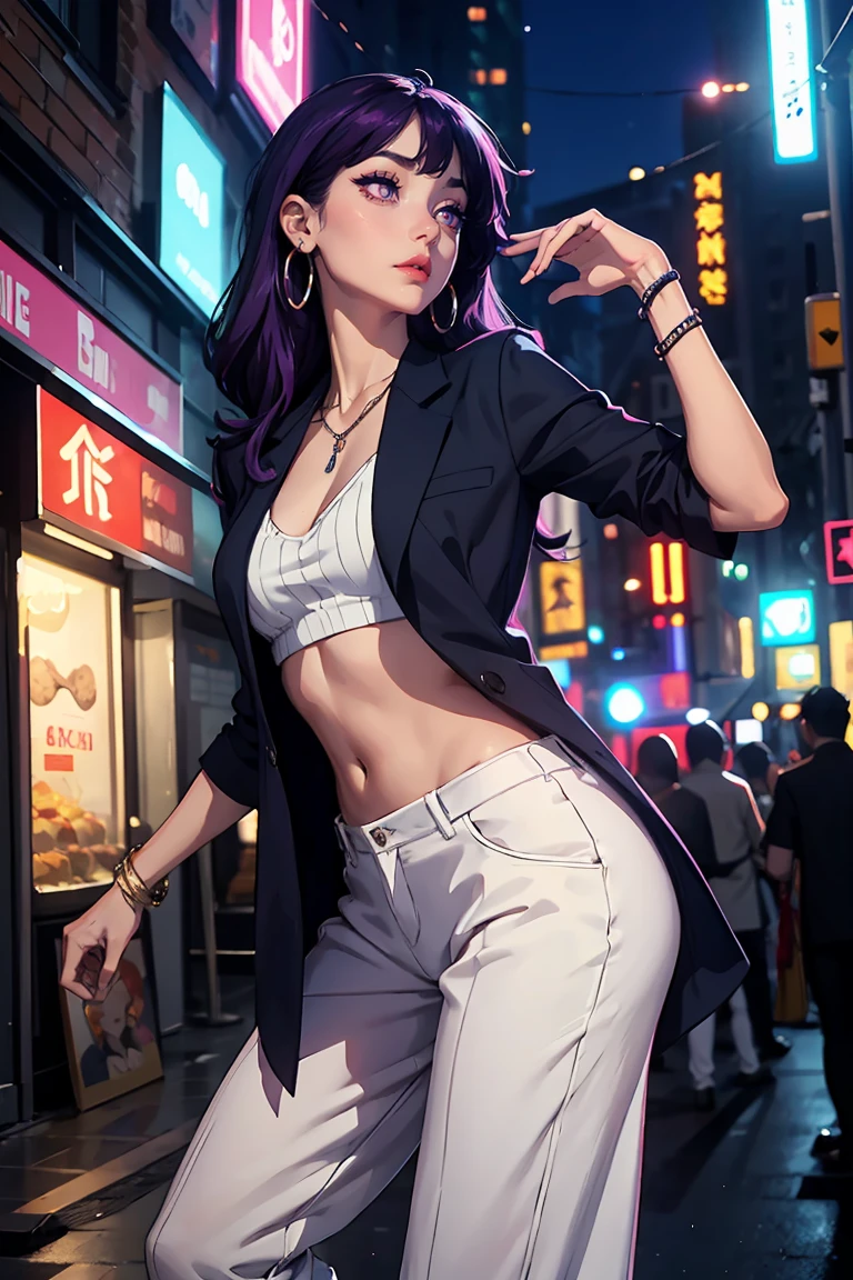 Goddess ((goddess-like woman)), slim elegant silhouette, masterpiece, (close angle), best quality, pale skin, fair skin, attractive face, (masterpiece:1,2, best quality), (real picture, intricate details), (1 lady , solo, medium , slim waistline, ),PURPLE HAIR, bangs, big Eyes, Ghost Eyes, darkpink eyes, she has an impressive presence., bracelet, hoop earrings, beautiful face, beautiful eyes, she looks at the viewer, She wears a an oversized striped long blazer with rolled up sleeves, striped long pants, striped shirt, open blazer, long blazer, oversized blazer, long pants, shirt, boots, she is wearing earrings, necklace, many different bracelets, background:night city, party mile, standing in front of a dance club,