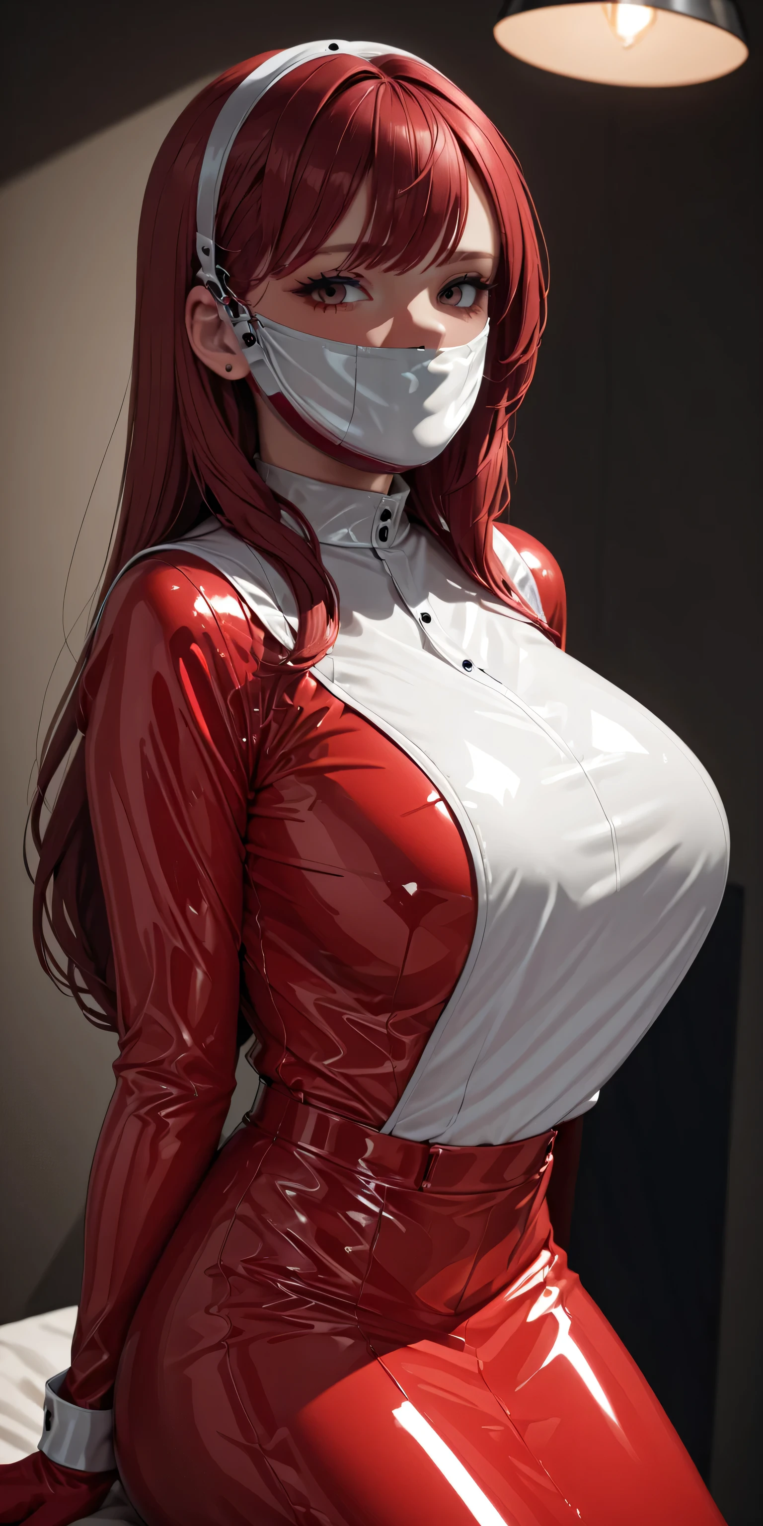 Portraiture、(masterpiece,Highest quality,Ultra-high resolution),Japanese women, (((Very beautiful 25 year old girl))),(Pale red latex maid outfit)、((Pale red latex long skirt))、(A long-sleeved latex shirt that covers the upper body)、Pale red latex gloves、Pale red latex socks、Pale red latex bodysuit、Frills、Latex is very shiny、Dark Room, huge breasts, wearing gag, gagged, g4g