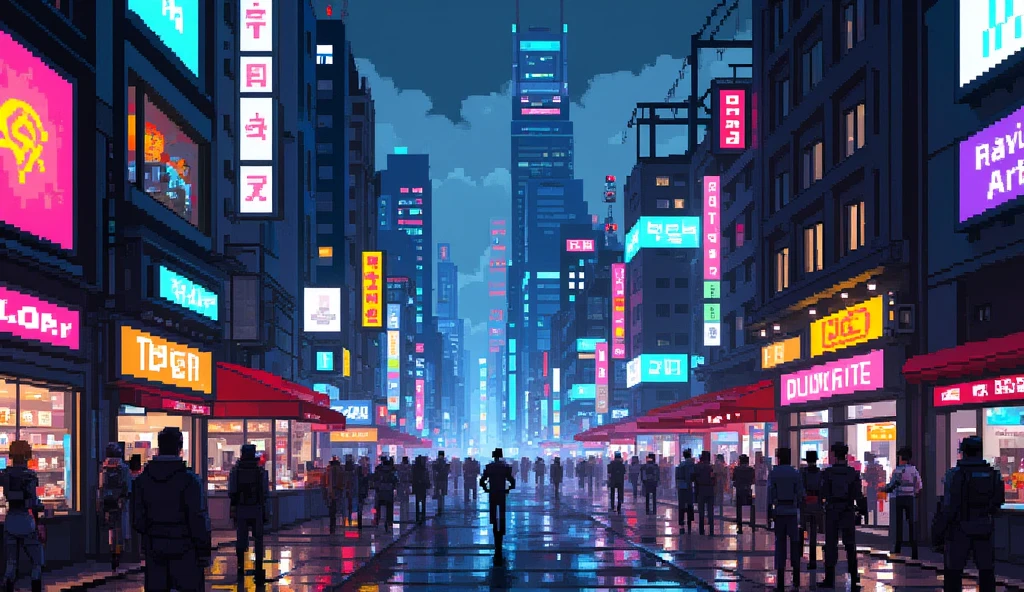 A sprawling cyberpunk cityscape rendered in highly detailed pixel art. Neon signs in vibrant blues, pinks, and purples illuminate the narrow, rain-soaked streets. Towering skyscrapers with holographic billboards dominate the skyline, their lights reflecting in puddles on cracked sidewalks. Small street vendors in futuristic stalls line the alleyways, selling exotic tech and glowing street food. Crowds of diverse, cyber-enhanced citizens bustle through the scene, some with robotic limbs or neon tattoos. Hover cars zoom by overhead between towering buildings connected by suspended bridges. In the distance, a massive, monolithic corporate tower looms under a dark, smog-filled sky, its peak lost in the clouds. Vines of electrical cables twist and hang between the structures, and the entire atmosphere hums with the low buzz of technology and distant thunder. The art style is rich, intricate pixel art, evoking the gritty, vibrant feeling of classic cyberpunk dystopias.