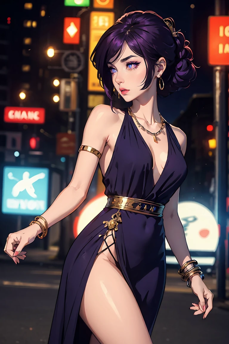 Goddess ((goddess-like woman)), slim elegant silhouette, masterpiece, (close angle), best quality, pale skin, fair skin, attractive face, (masterpiece:1,2, best quality), (real picture, intricate details), (1 lady , solo, medium , slim waistline, ),PURPLE HAIR, bangs, big Eyes, Ghost Eyes, darkpink eyes, she has an impressive presence., bracelet, hoop earrings, beautiful face, beautiful eyes, she looks at the viewer, She wears a striped long dress, long dress, boots, she is wearing earrings, necklace, many different bracelets, background:night city, party mile, standing in front of a dance club,