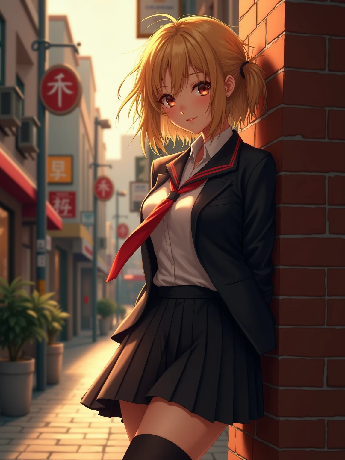 A painterly hyperrealistic digital illustration of a young woman in a Japanese school uniform, leaning casually against a brick wall on a sunlit urban street. She has tousled, golden-blonde hair, a confident and relaxed expression, and warm golden-hour lighting illuminating her skin. Her uniform includes a dark blazer, a loose tie with red stripes, a pleated skirt, and thigh-high stockings. The scene is highly detailed with visible brushstrokes and a soft oil-paint texture. The background features faded shop signs and soft-focus buildings, giving a cinematic, anime-meets-realism atmosphere. Emphasis on realistic ???????, painterly lighting, and emotional depth.