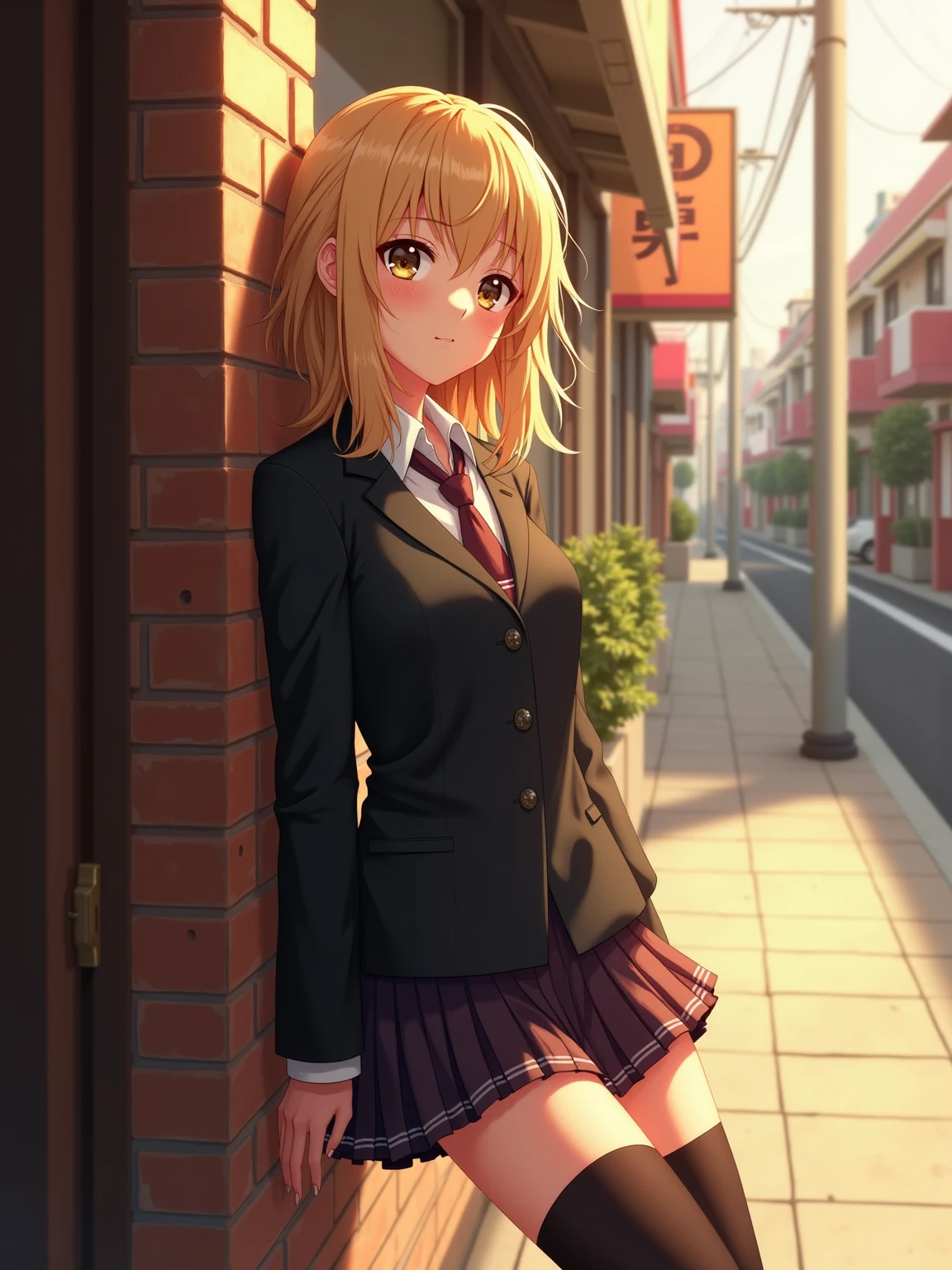 A painterly hyperrealistic digital illustration of a young woman in a Japanese school uniform, leaning casually against a brick wall on a sunlit urban street. She has tousled, golden-blonde hair, a confident and relaxed expression, and warm golden-hour lighting illuminating her skin. Her uniform includes a dark blazer, a loose tie with red stripes, a pleated skirt, and thigh-high stockings. The scene is highly detailed with visible brushstrokes and a soft oil-paint texture. The background features faded shop signs and soft-focus buildings, giving a cinematic, anime-meets-realism atmosphere. Emphasis on realistic ???????, painterly lighting, and emotional depth.