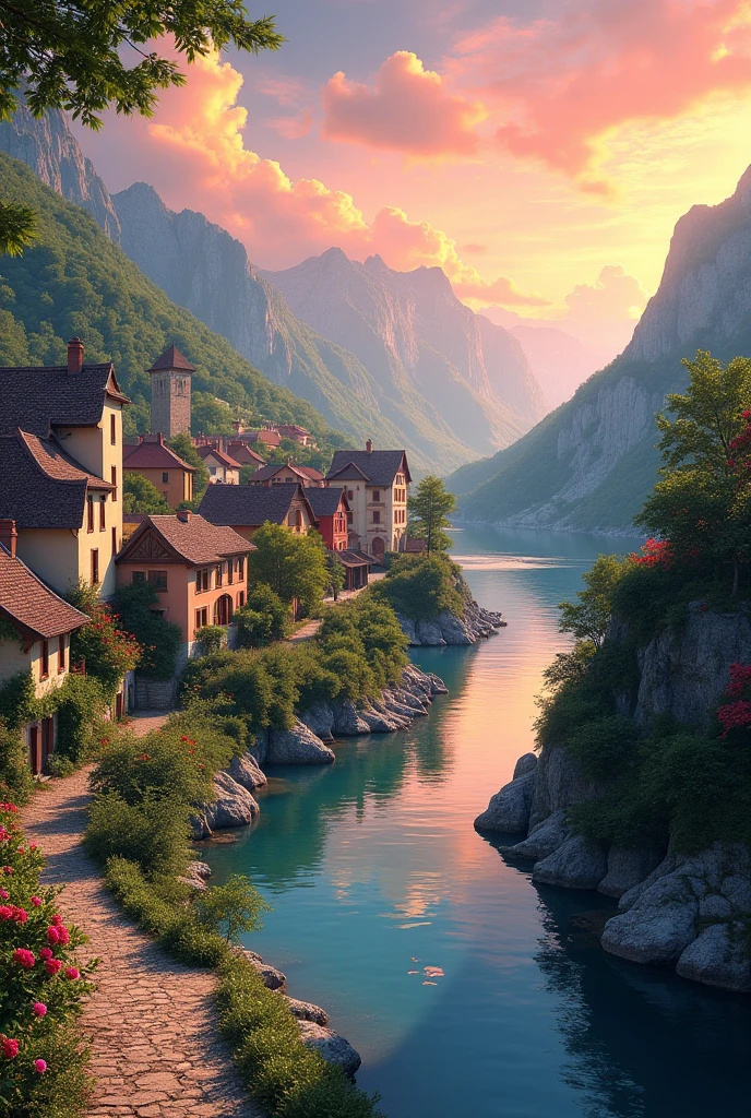 a small village by the river, mountains in the background, floral flowers colorful, detailed landscape, Beautiful natural landscapes, atmospheric lighting, scorching sunset, warm colours, practical, photopractical, Detailed Foliage, complex buildings, cobblestone street, Charming country house, swirly vibrant colors, lush vegetation, Still water reflections, Picturesque, idyllic, work of art, best qualityer, 8k, extremely detaild,anime styling