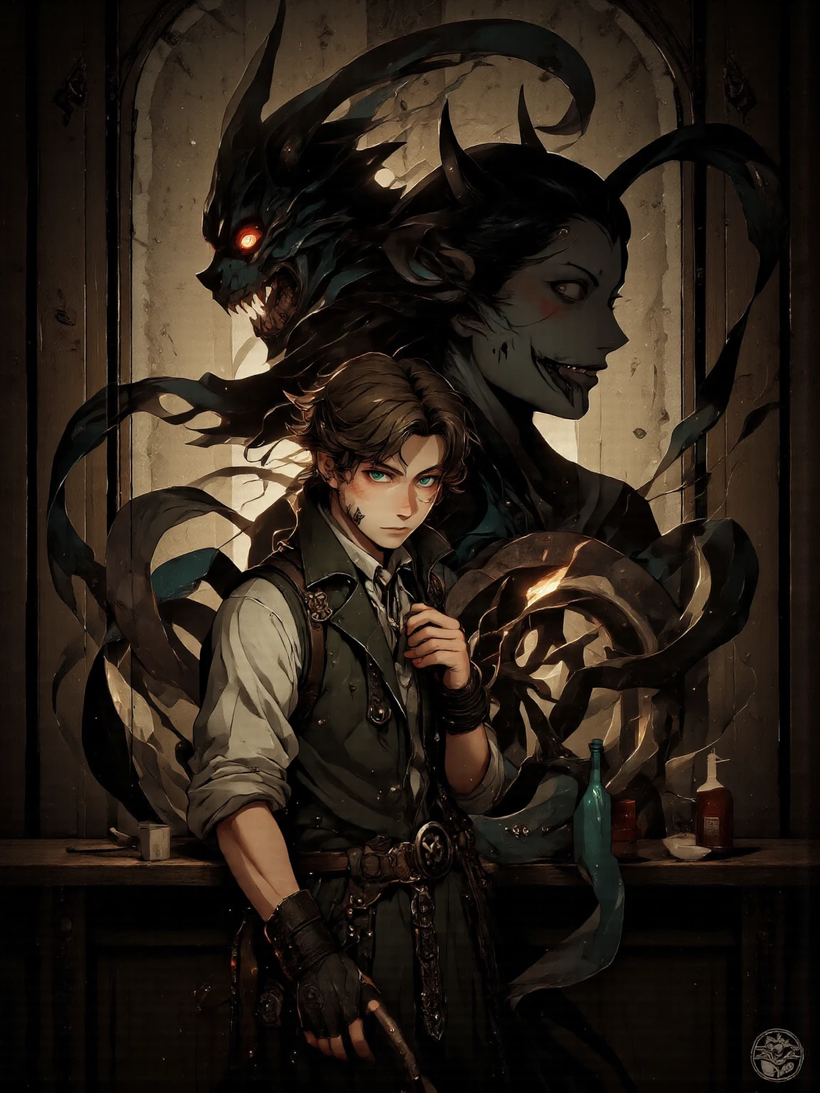 30s man, short brown hair, short beard, league of legend High Noon theme, (his own shadow depict a female:2 winged horned  succubus:2 demon with long hair, black faint silhouet only, demonic sharp tooth glowing red eye, big :2, claw), in a steampunk saloon, at night, a bottle of whisky at his belt, handwrap, demonic tattoo, green eyes, look tired, outlaw, bandit, (anime style:1.5)High Resolution