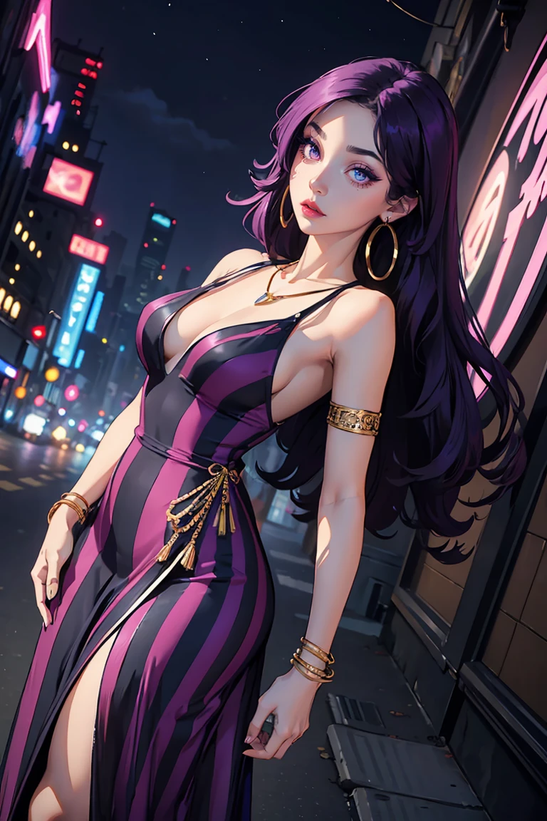 Goddess ((goddess-like woman)), slim elegant silhouette, masterpiece, (close angle), best quality, pale skin, fair skin, attractive face, (masterpiece:1,2, best quality), (real picture, intricate details), (1 lady , solo, medium , slim waistline, ),PURPLE HAIR, bangs, big Eyes, Ghost Eyes, darkpink eyes, she has an impressive presence., bracelet, hoop earrings, beautiful face, beautiful eyes, she looks at the viewer, She wears a striped long dress, striped dress, long dress, boots, she is wearing earrings, necklace, many different bracelets, background:night city, party mile, standing in front of a dance club,