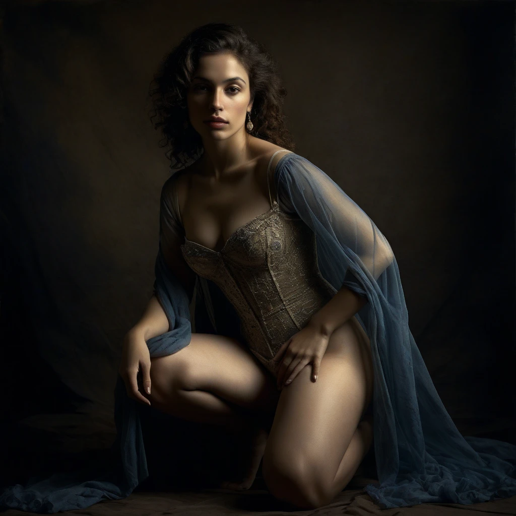 In a captivating exhibition of classical Italian art, a mature woman of stunning beauty, with a splendid figure and fair complexion, kneeling, She dresses in two pieces of transparent fabrics that reveal her voluptuous curves. Broken clothes covered by transparent cups , they reveal a deep cleavage, This exquisite portrait, similar to a Jan Saudek Style Photograph, shows the attractive features of women with grace and charm. The background in a warm colored bedroom interior , ochre and bluish gray. Detailed brushstrokes enhance the delicate textures of her attire and the softness of her skin, creating a fascinating, high-quality image, timeless and captivating. The combination of realistic textures with dreamlike elements creates a sense of mystery, transcendence and an invitation to travel into the unknown and create a visual masterpiece of great quality and captivating beauty, In a Bluish World of Dreams , and with many details, magical realism, Canon eos 5d mark 4 , lighting by Rembrandt. (dark realism 0,5 stat 1 int 1)